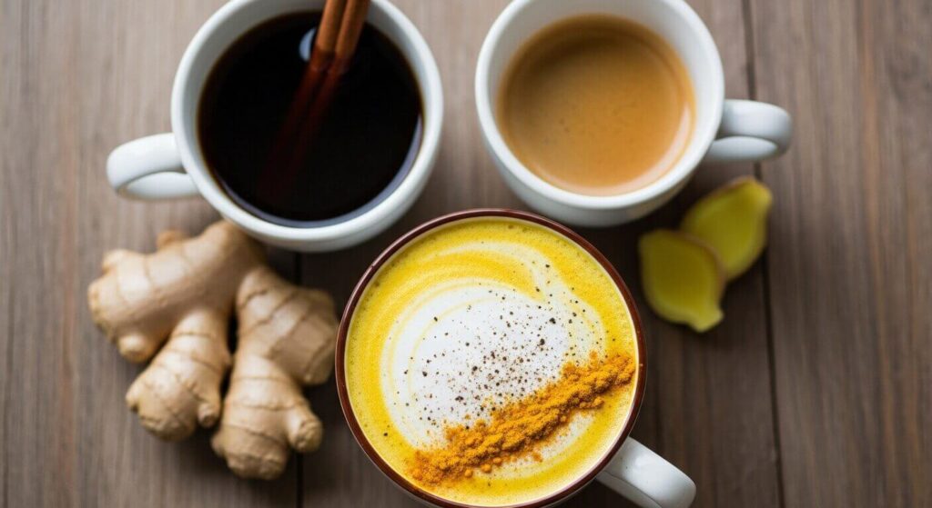 약초 커피, 계피 커피, 생강 커피, 강황 커피, 골든 라떼, 혈관 건강, 혈당 조절, 항염증, 수족냉증, 실론 시나몬