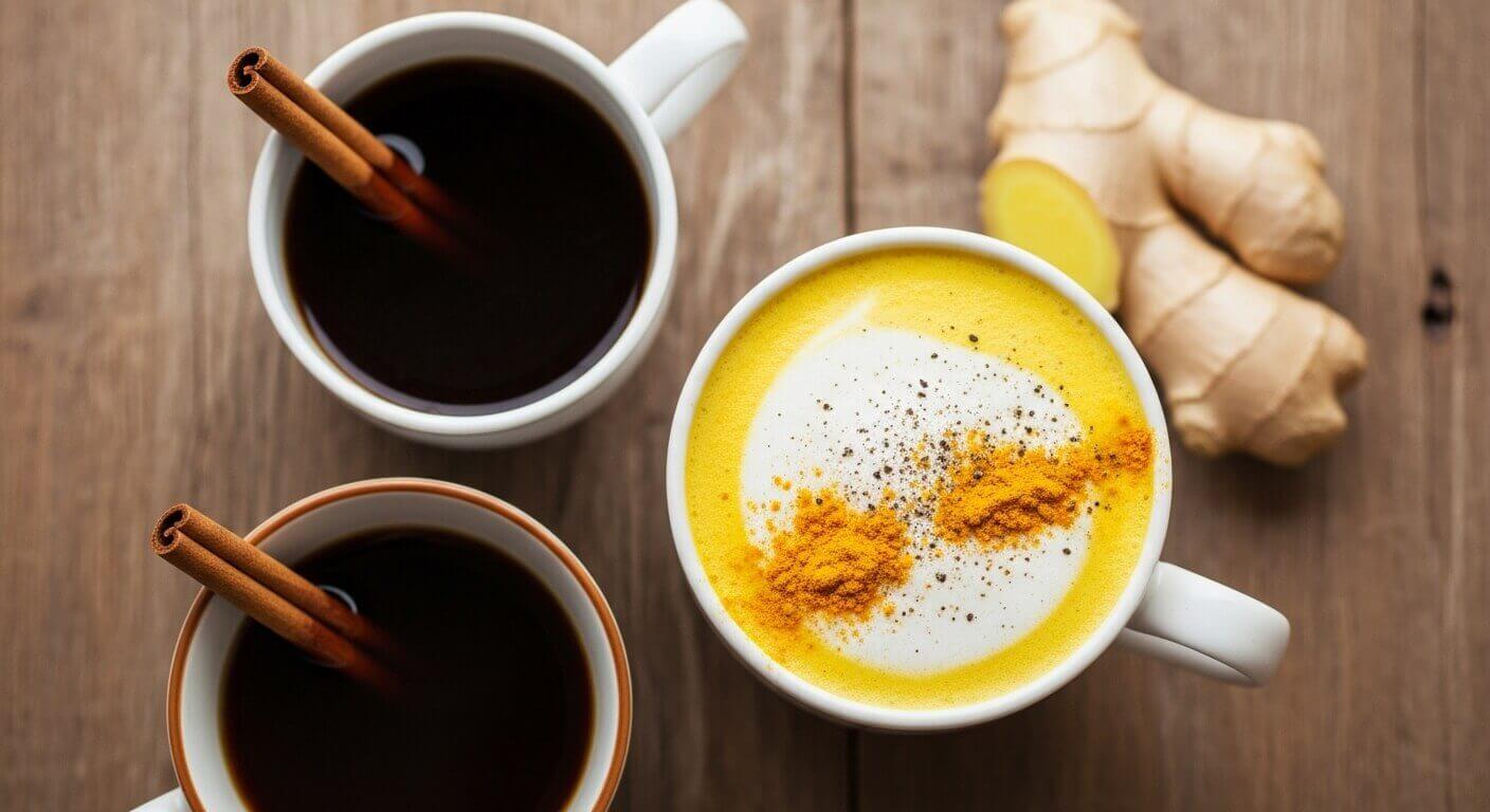 약초 커피, 계피 커피, 생강 커피, 강황 커피, 골든 라떼, 혈관 건강, 혈당 조절, 항염증, 수족냉증, 실론 시나몬
