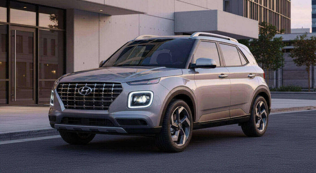 "A hyper-realistic, studio-quality photo of a new 2025 Hyundai Venue, nicknamed the 'Mini Palisade.' The small SUV is painted in a metallic silver, angled to show its bold, boxy front grille (like the Palisade) and its signature vertical LED headlights. The car is parked on a modern city street at dusk, with its interior ambient lighting and 12.3-inch dashboard screens glowing warmly, highlighting its premium features."