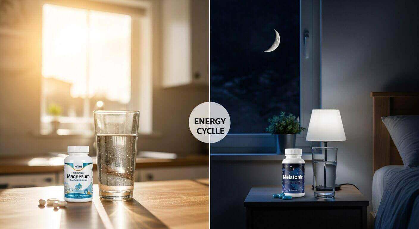 Magnesium, Melatonin, Magnesium in the morning, Melatonin at night, Magnesium and Melatonin, Magnesium for energy, Melatonin for sleep, Magnesium side effects, Melatonin side effects, Supplement timing, Sleep optimization