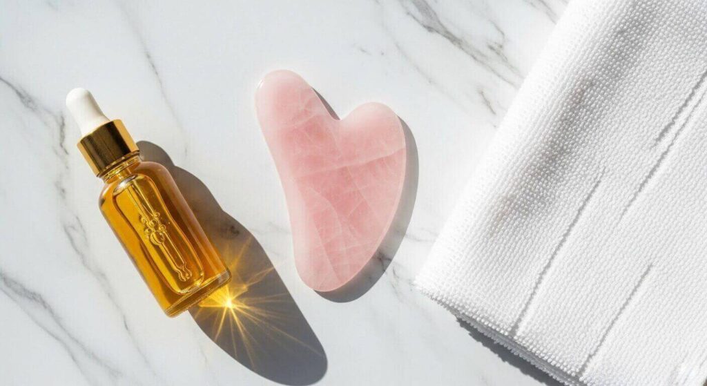 Gua sha for lymphatic drainage at home, facial gua sha benefits, how to use gua sha tool, reduce face puffiness naturally, gua sha steps for beginners, lymphatic drainage facial massage, jade vs rose quartz gua sha, gua sha face map, sculpting jawline with gua sha, gua sha oil recommendations.