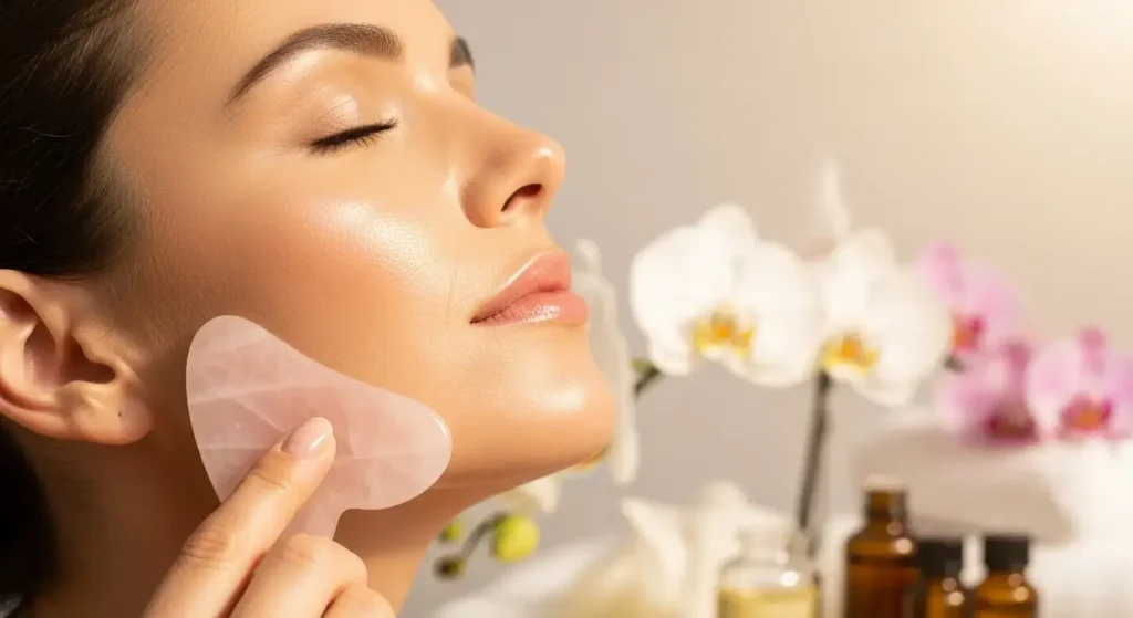 Gua sha for jawline and double chin, lymphatic drainage face, facial sculpting tools, reduce face puffiness, defined jawline naturally, gua sha routine step by step, how to get rid of double chin naturally, bian stone vs rose quartz, facial massage for jawline.