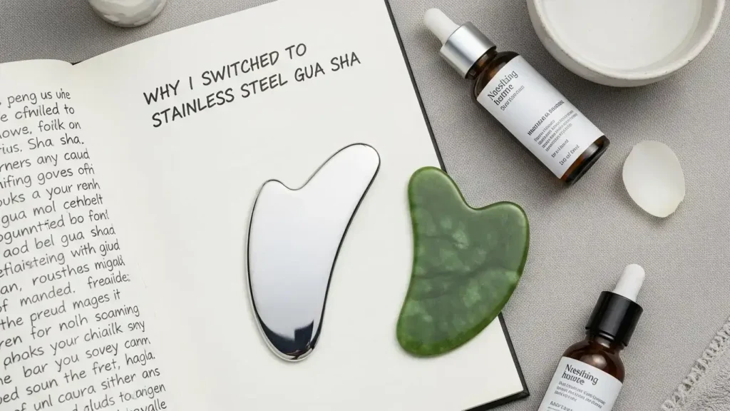 Stainless steel gua sha, rose quartz gua sha, gua sha tool comparison, hygienic facial tools, best gua sha for acne, facial lymphatic drainage tools, stainless steel vs stone gua sha, cooling facial massage, non-porous skincare tools, gua sha benefits.