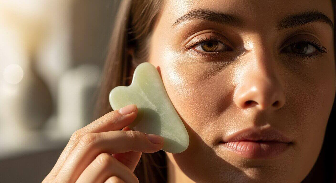 Gua sha for lymphatic drainage at home, facial gua sha benefits, how to use gua sha tool, reduce face puffiness naturally, gua sha steps for beginners, lymphatic drainage facial massage, jade vs rose quartz gua sha, gua sha face map, sculpting jawline with gua sha, gua sha oil recommendations.