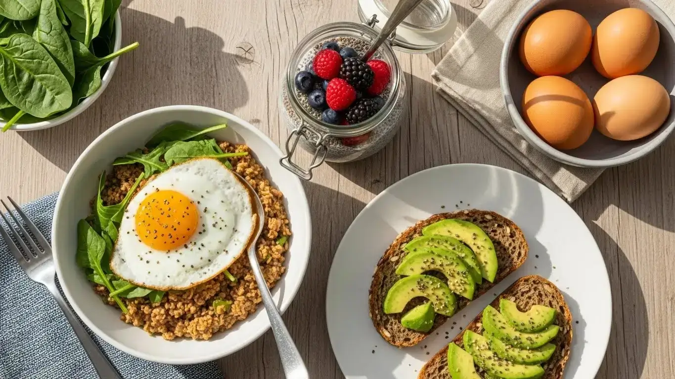 Low glycemic breakfast recipes, high protein diabetic breakfast, quick breakfast for blood sugar control, type 2 diabetes meal prep, savory oatmeal recipes.