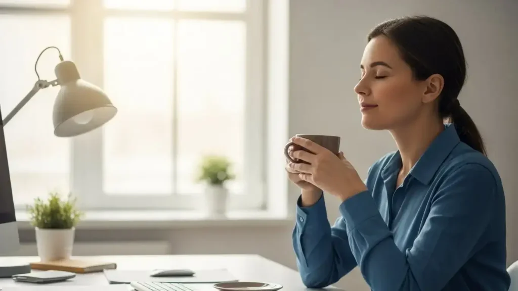 Quick mindfulness exercises, Stress management for work, Office meditation, 5-minute mindfulness, Corporate wellness strategies, Reducing burnout, Mental clarity at work.