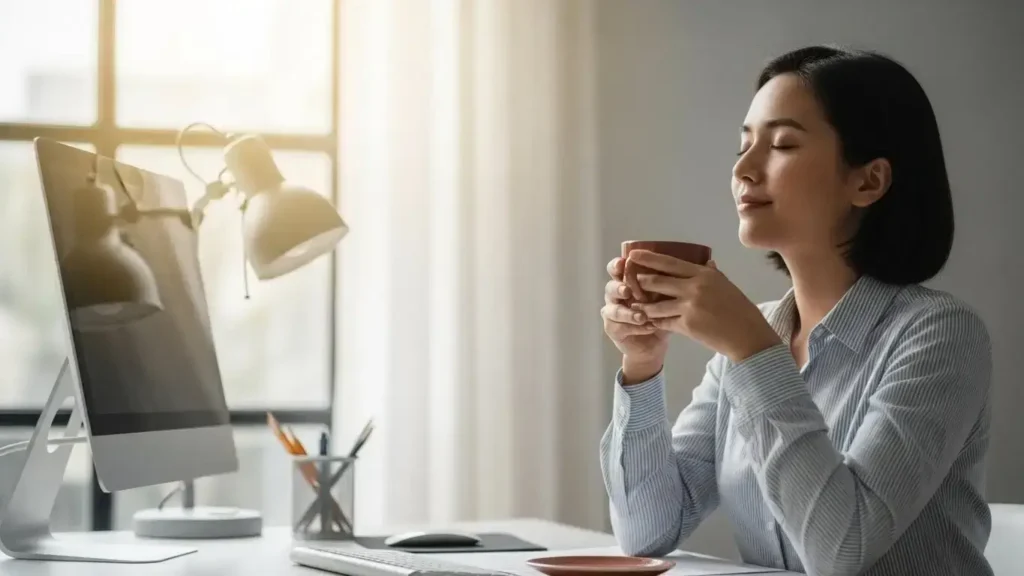 Quick mindfulness exercises, Stress management for work, Office meditation, 5-minute mindfulness, Corporate wellness strategies, Reducing burnout, Mental clarity at work.