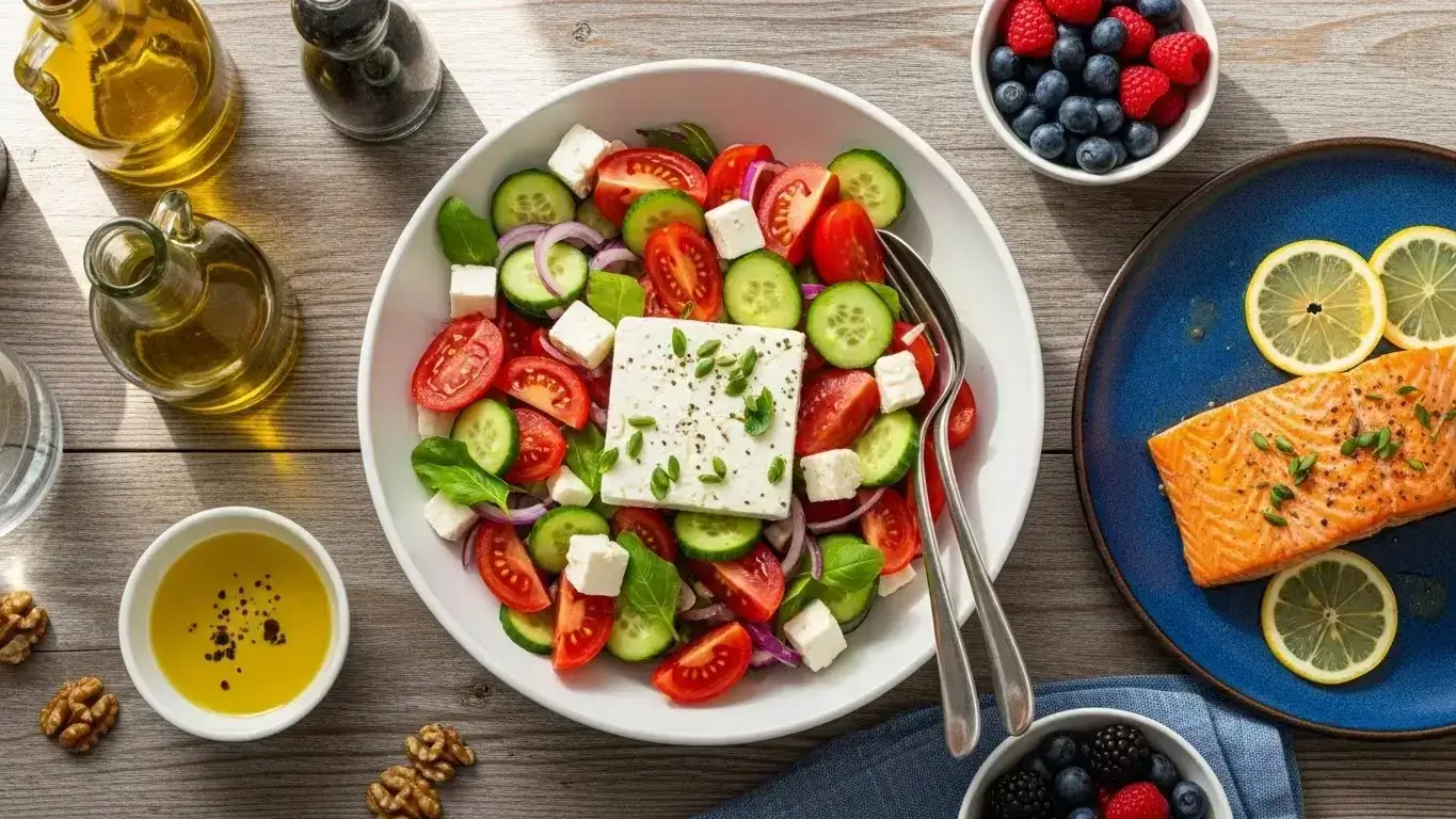 Mediterranean diet recipes for anti-aging benefits, anti-inflammatory meal plan, collagen-boosting foods, healthy skin recipes, longevity diet recipes, Omega-3 rich dinner, antioxidant salad recipes, Blue Zone cooking, heart-healthy meal prep, turmeric recipes for inflammation.