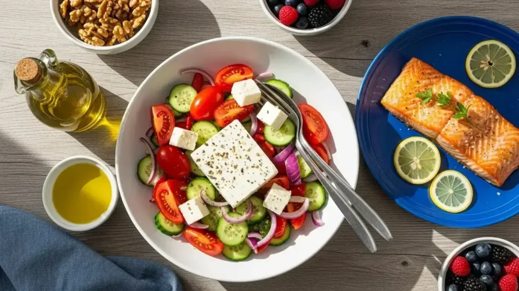 Mediterranean diet recipes for anti-aging benefits, anti-inflammatory meal plan, collagen-boosting foods, healthy skin recipes, longevity diet recipes, Omega-3 rich dinner, antioxidant salad recipes, Blue Zone cooking, heart-healthy meal prep, turmeric recipes for inflammation.