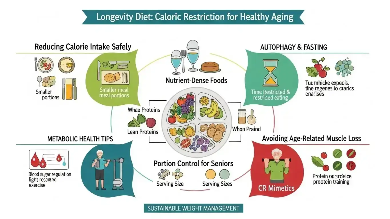 Caloric restriction diet tips for healthy aging, longevity diet plan, reducing calorie intake safely, nutrient density vs calories, portion control for seniors, autophagy and fasting, metabolic health tips, avoiding age-related muscle loss, CR mimetics, sustainable weight management.