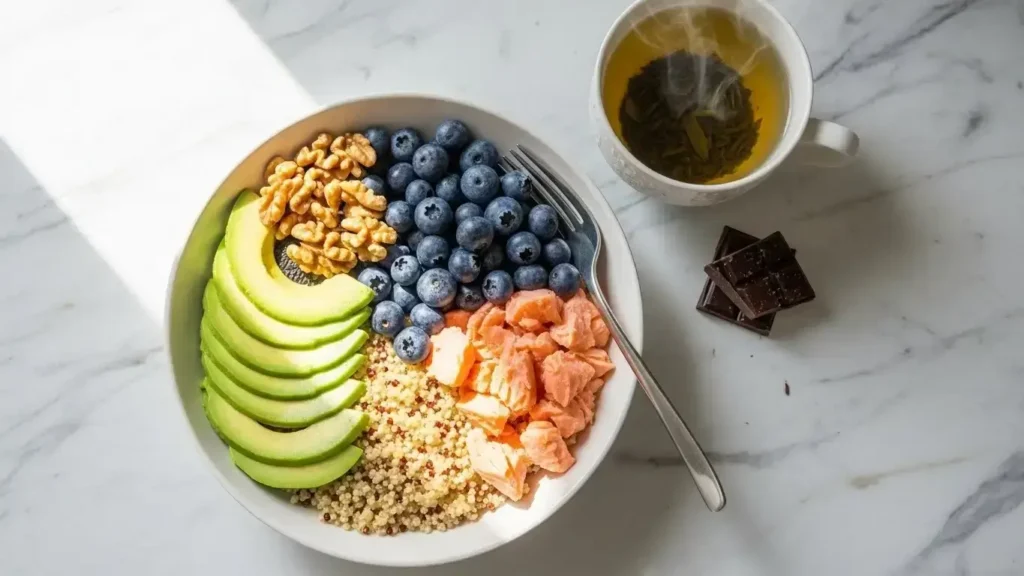 Anti-aging superfoods list for daily meals, best foods for glowing skin, longevity diet plan, collagen-boosting foods, antioxidant-rich diet, foods that fight wrinkles, cellular health nutrition, brain-boosting superfoods, anti-inflammatory meal plan.