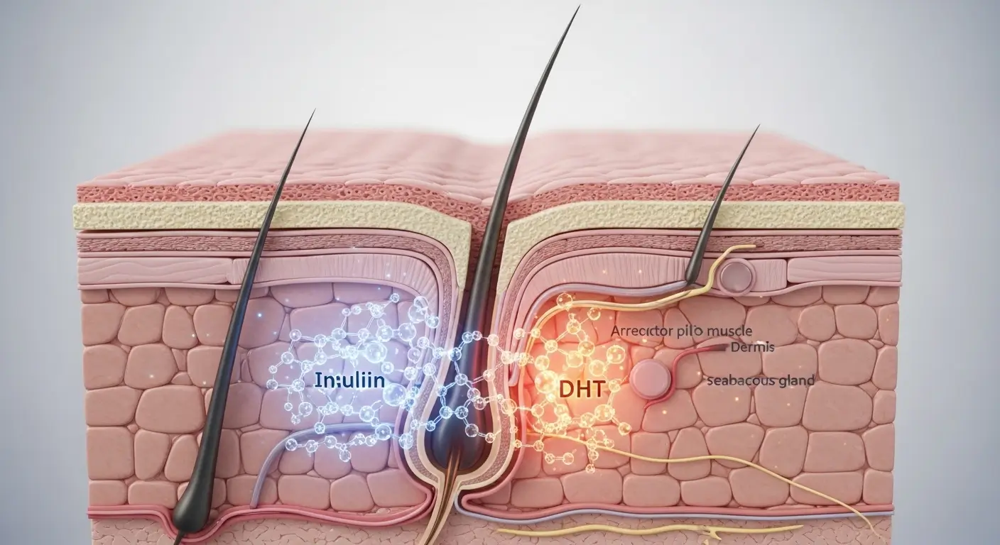 nsulin resistance hair loss, Metabolic hair thinning, DHT and insulin, PCOS hair loss, Androgenic alopecia, Blood sugar hair health, Reversing metabolic hair loss, Scalp inflammation, Hyperinsulinemia, Hair growth cycle.