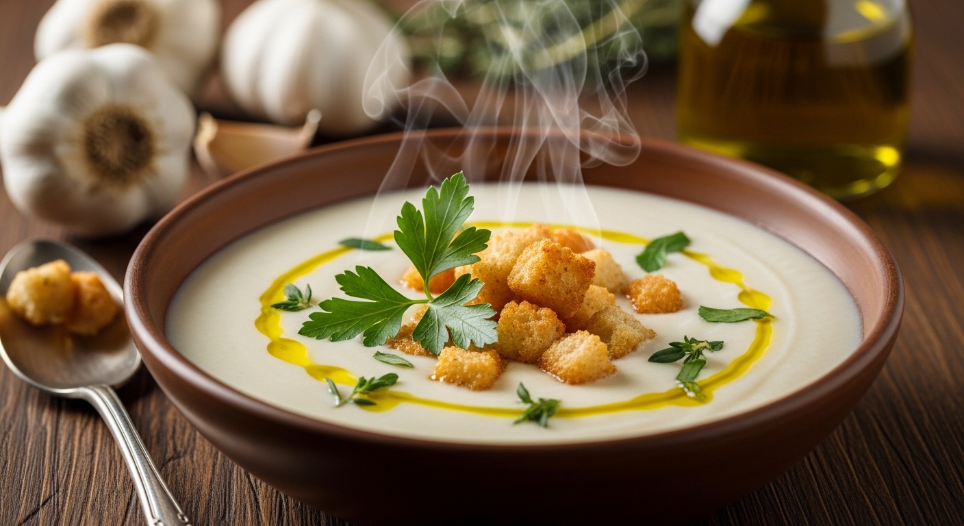 Winter Garlic Cream Soup, Immune Boosting Food, Healthy Winter Recipes, Garlic Soup Benefits, Creamy Garlic Soup Recipe, Natural Cold Remedy, Healthy Comfort Food, Homemade Soup, Garlic and Immunity, Low Temperature Cooking