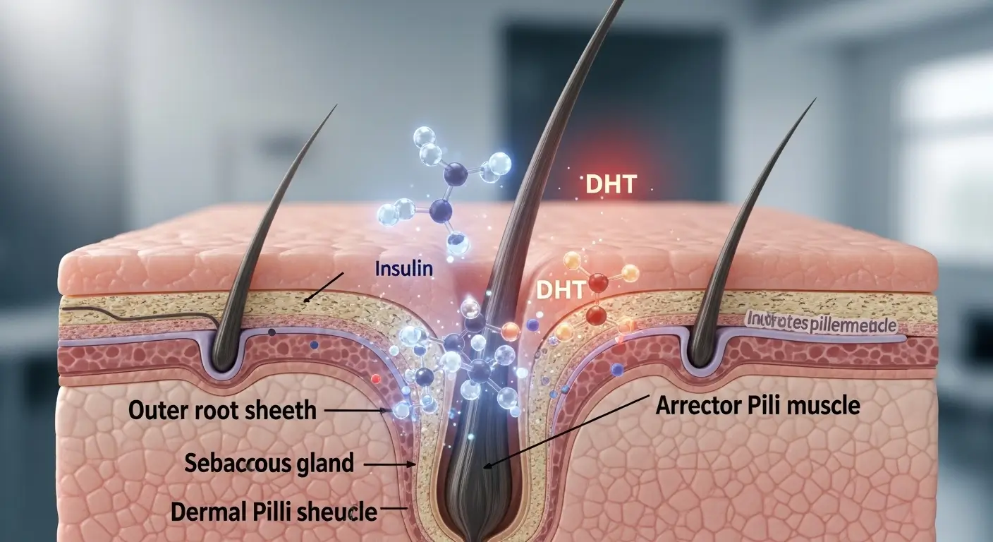 Insulin and DHT, insulin resistance hair loss, metabolic hormones, 5-alpha reductase insulin, lowering DHT naturally, hyperinsulinemia and androgens, SHBG and insulin, PCOS DHT levels, hormonal acne insulin, blood sugar and hair health.