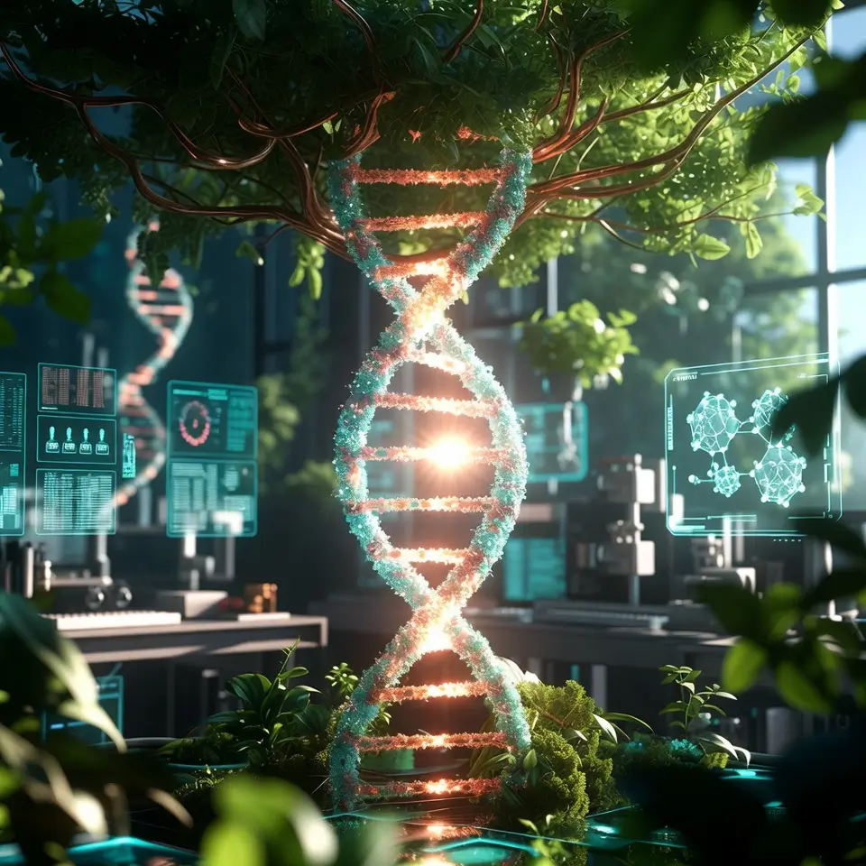 "A high-tech, cinematic laboratory setting with a glowing DNA double helix structure integrated into a lush, green tree of life. Soft natural light, futuristic biological UI elements, 8k resolution, representing the intersection of nature and advanced longevity science."