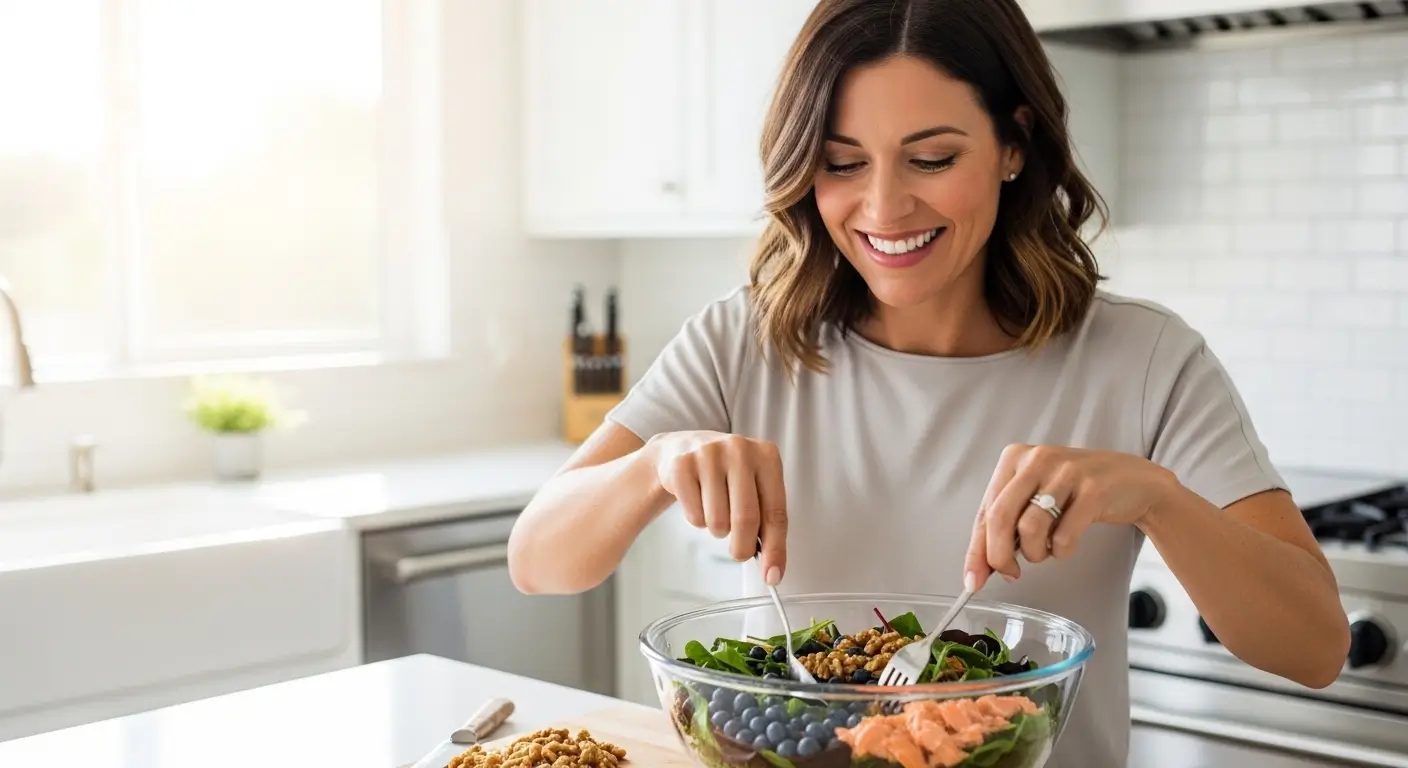 "A stunning, professional, and healthy-looking woman in her late 30s smiling warmly in a bright, modern kitchen. She is preparing a vibrant salad filled with leafy greens, blueberries, walnuts, and salmon. The lighting is soft and natural, emphasizing a lifestyle of wellness and clarity. 8k resolution, cinematic lighting, photorealistic."