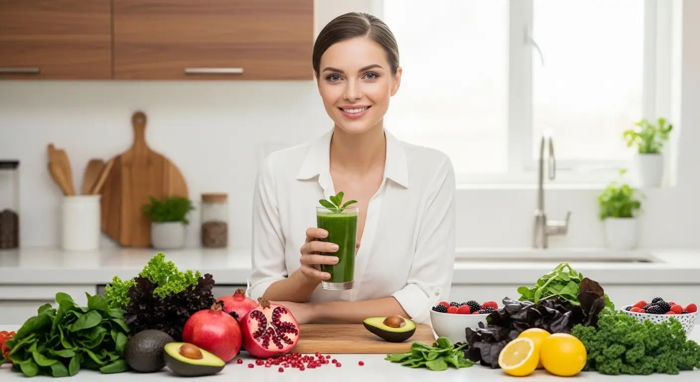 "A stunning, radiant woman with flawless, glowing skin smiling gracefully. She is standing in a brightly lit kitchen, holding a fresh green smoothie and surrounded by vibrant ingredients like avocados, pomegranates, and leafy greens. The image should look like high-end wellness photography, airy, natural, and sophisticated. 8k resolution, cinematic soft lighting."