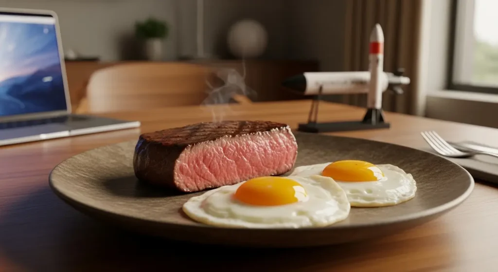 일론머스크식단, 저탄고지, 키토제닉, 아침식사추천, 자기관리, 동기부여, 슈가크래시, 혈당관리, 생산성향상, 스테이크와계란, 재생농업, 테슬라건강관리