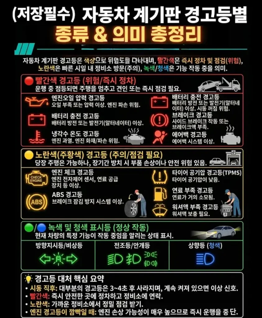 자동차경고등, 계기판경고등, 엔진경고등색상, 빨간색경고등, 노란색경고등, 타이어공기압경고등, 초보운전팁, 브레이크경고등, 냉각수온도경고등, 배터리경고등