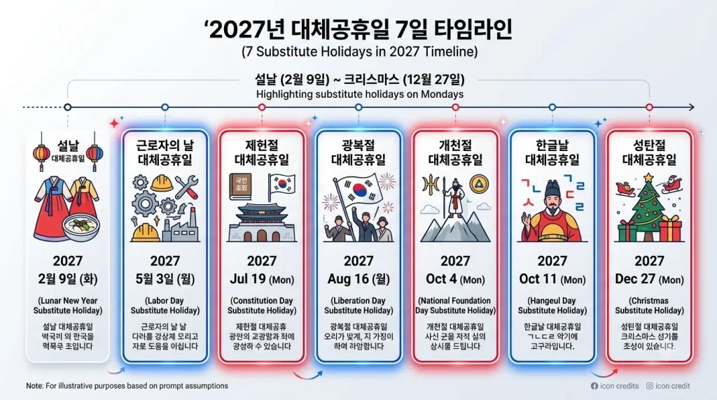2027년 대체공휴일 7일 날짜 설날 노동절 제헌절 광복절 개천절 한글날 성탄절