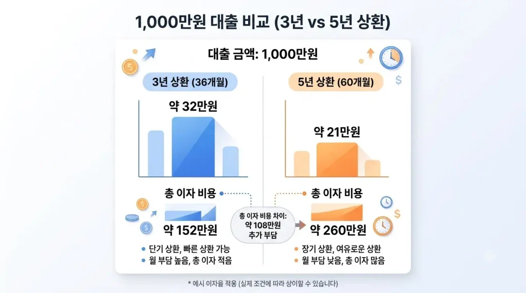 햇살론 1000만원 3년 5년 월 상환액 이자 비교