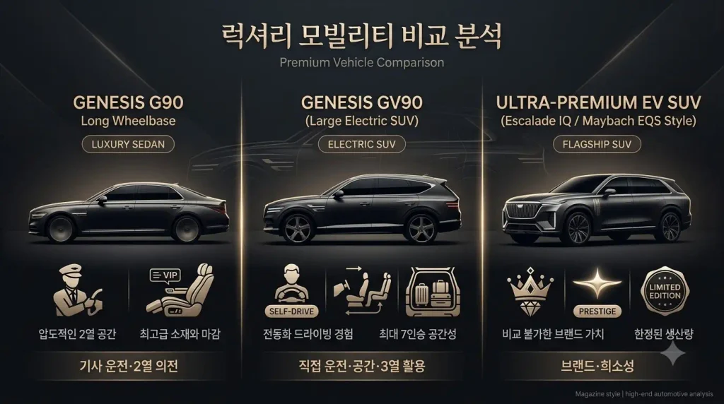 제네시스 GV90 G90 롱휠베이스 에스컬레이드 IQ 가격 용도 비교