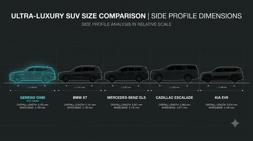 제네시스 GV90 BMW X7 벤츠 GLS 에스컬레이드 EV9 크기 비교