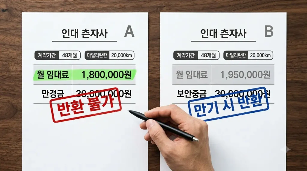 GV90 장기렌트 견적 비교 선수금 보증금 월 렌트료 차이