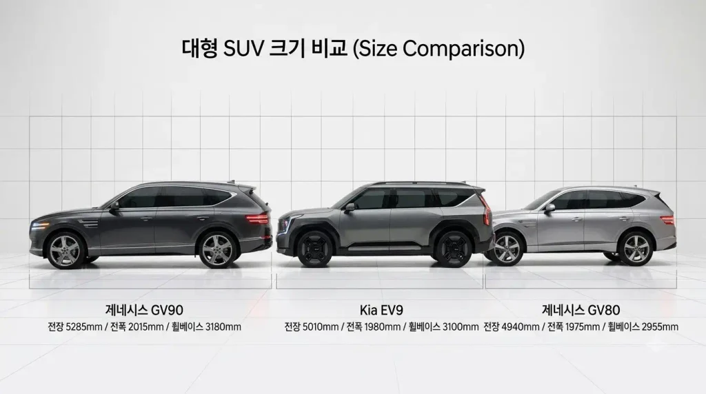 GV90 GV80 EV9 크기 전장 전폭 휠베이스 비교