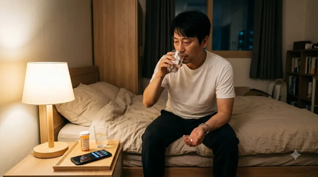 침대에서 탈모약을 먹는 30대 남자