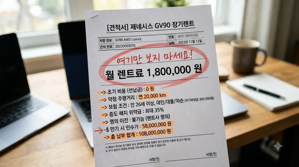 GV90 장기렌트 견적서 선수금 주행거리 중도해지 만기 인수가 확인