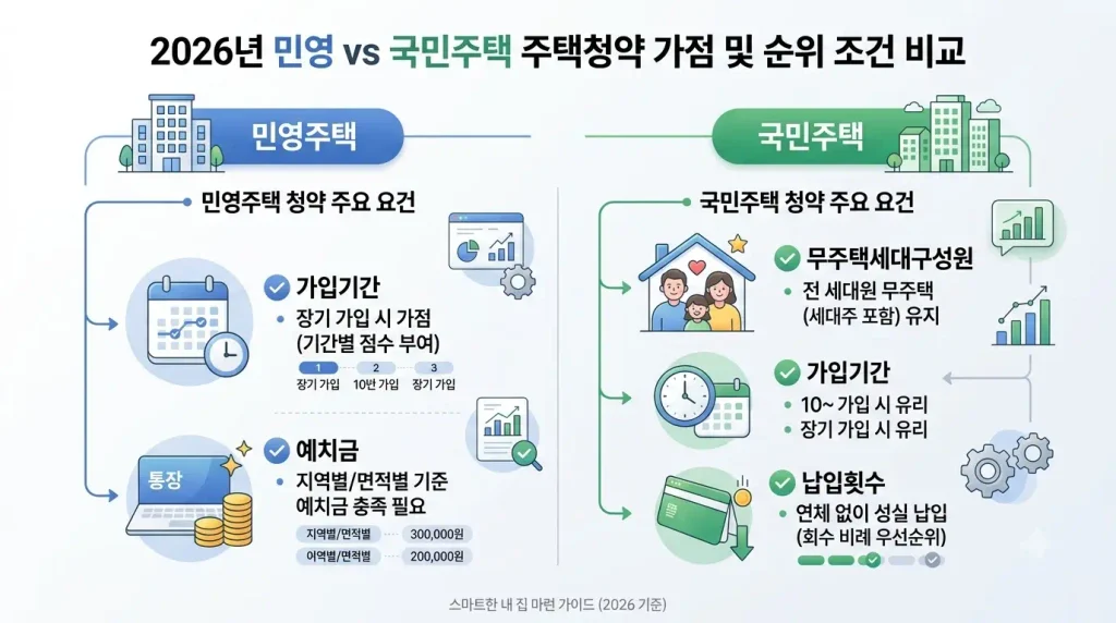 2026 주택청약 1순위 조건 민영주택 국민주택 비교