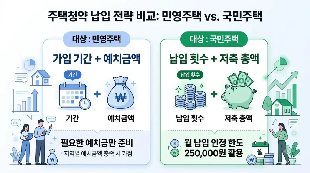 주택청약 통장 민영주택 국민주택 납입 전략 비교