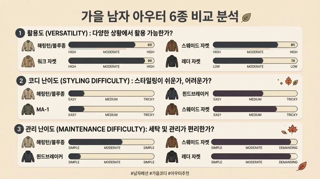 남자 가을 아우터 종류별 활용도 코디 난이도 비교