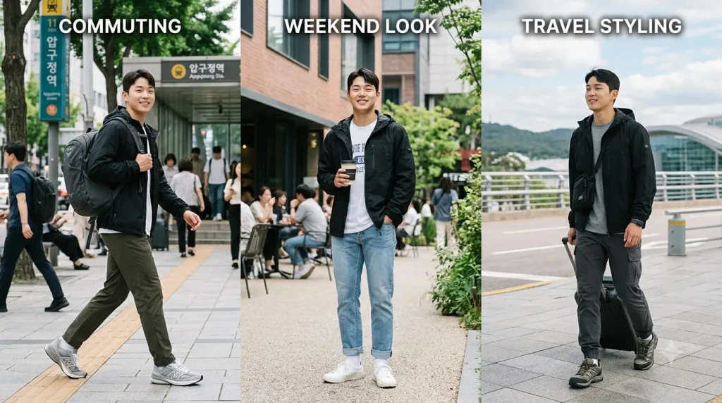 남자 가을 윈드브레이커 출퇴근 여행 코디