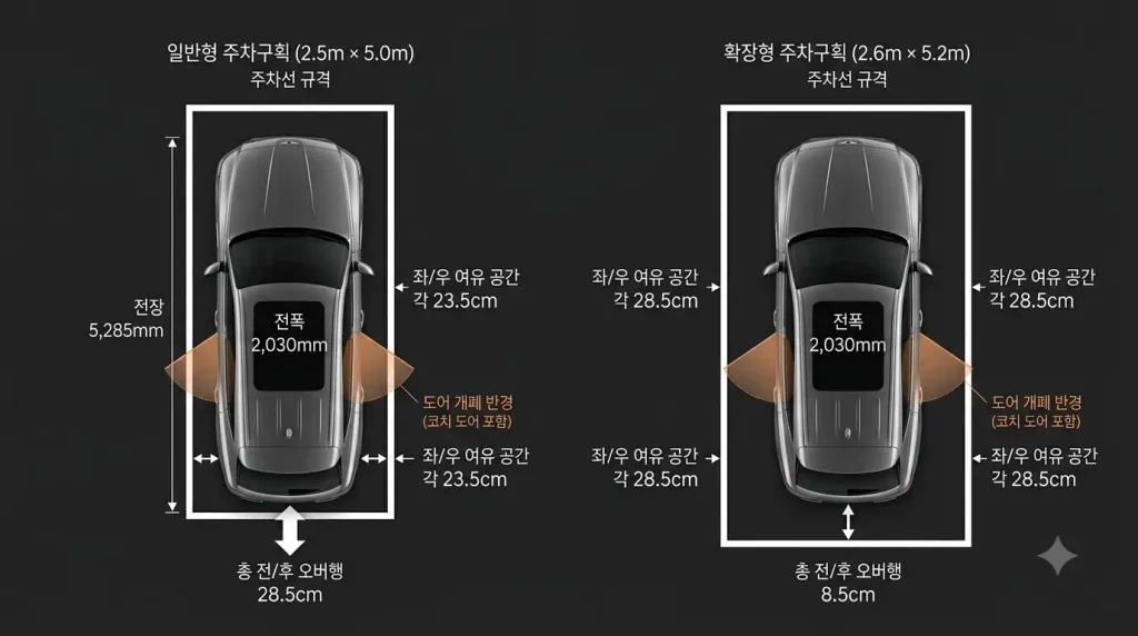 제네시스 GV90 크기 국내 아파트 주차장 주차구획 비교