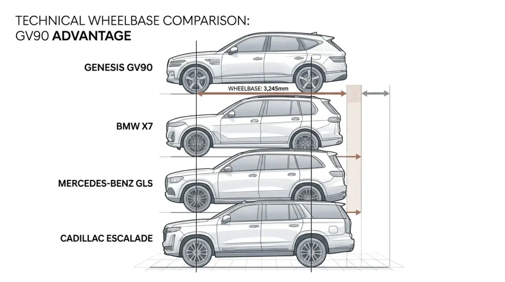 제네시스 GV90 휠베이스 3245mm X7 GLS 에스컬레이드 비교