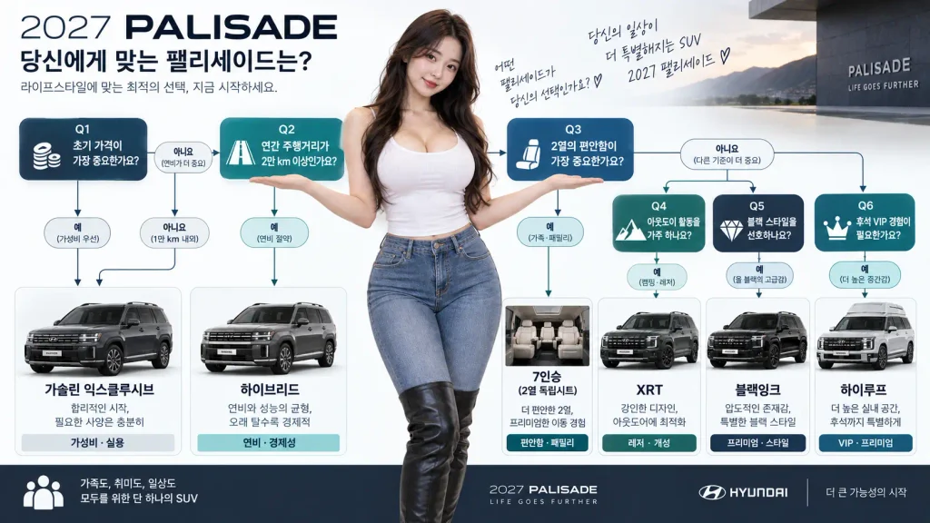 2027 팰리세이드 트림 추천 가솔린 하이브리드 7인승 9인승 선택