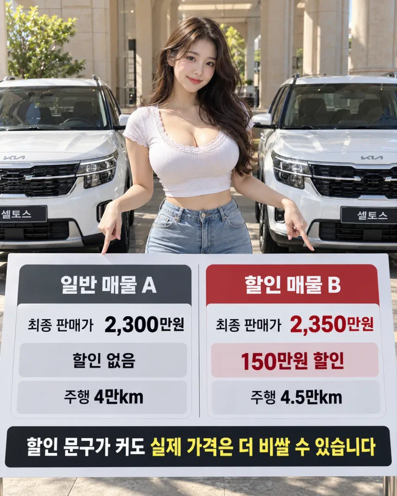 2023년식 셀토스 SUV 중고차 일반 매물 2300만원과 150만원 할인 매물 2350만원 가격 비교 가상 사례
