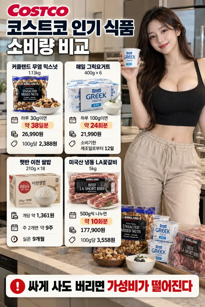 코스트코 인기 식품 믹스넛 그릭요거트 햇반 LA갈비 소비량 비교