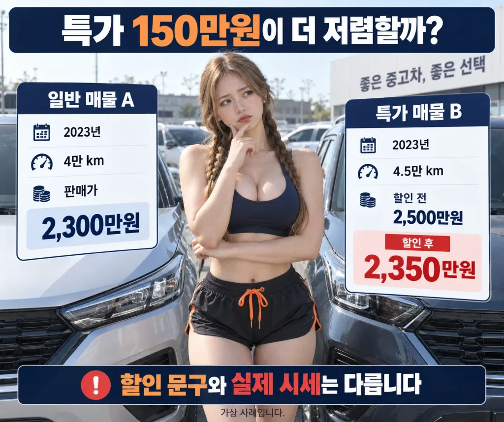 SUV 중고차 특가 매물 일반 시세 비교 할인 전 2500만원 할인 후 2350만원 일반 매물 2300만원 가격 차이