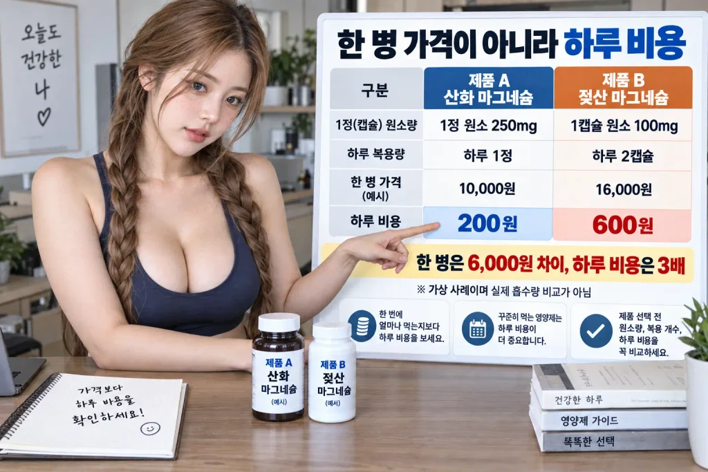 산화 마그네슘 젖산 마그네슘 원소 함량 하루 섭취량 및 하루 비용 비교