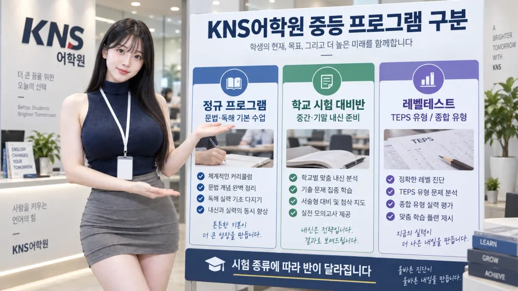 KNS어학원 대치 중등관 중등 영어 정규반 내신 대비 TEPS 레벨테스트 비교