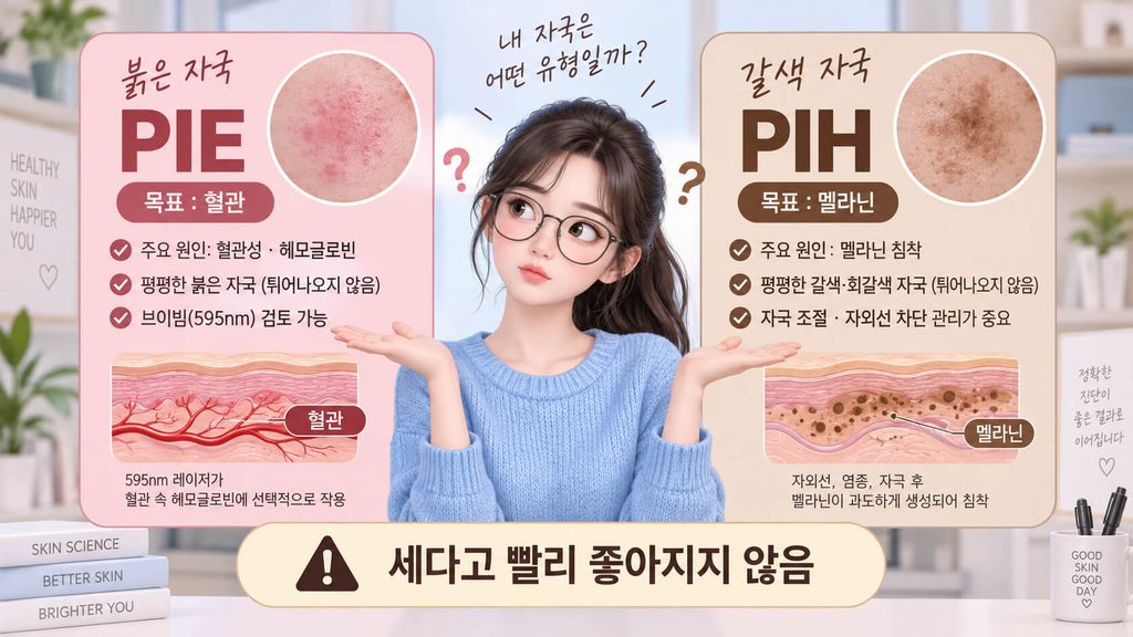 브이빔 붉은 자국과 여드름 갈색 색소침착 치료 차이