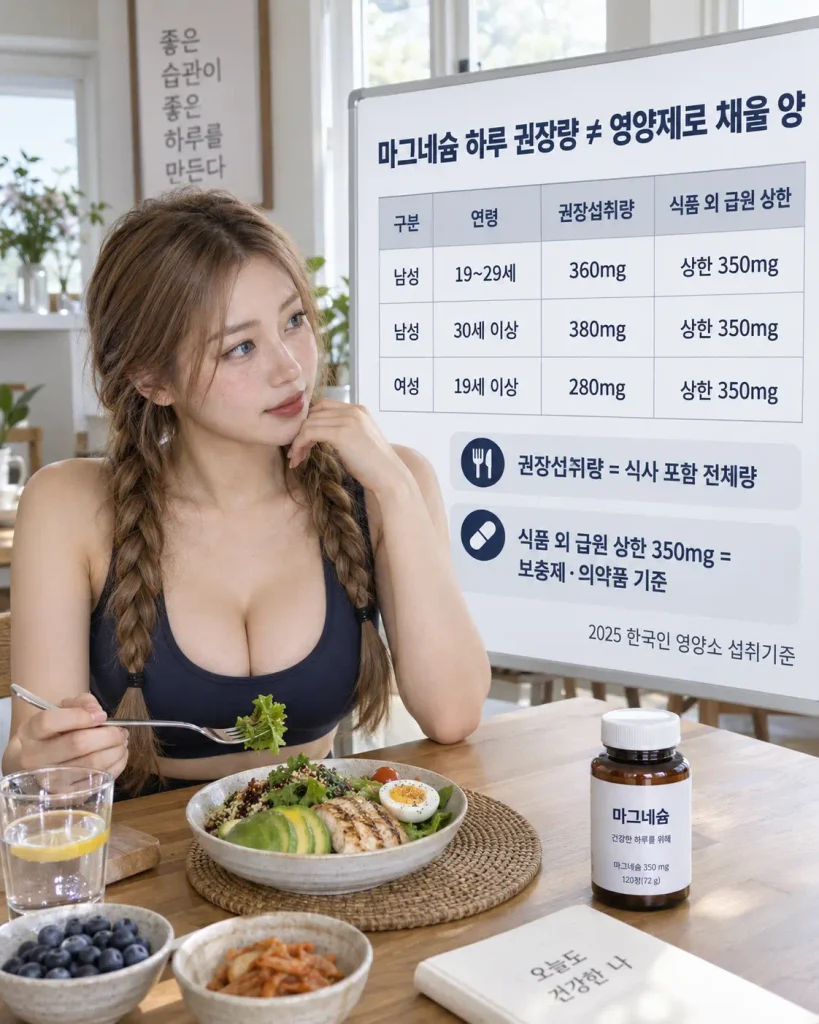 2025 한국인 마그네슘 하루 권장섭취량 남성 여성 및 보충제 상한섭취량 350mg