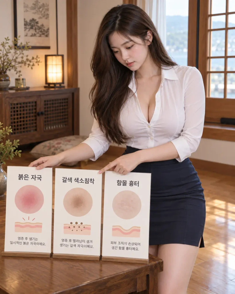 브이빔 레이저 여드름 붉은 자국 PIE 갈색 색소침착 PIH 함몰 흉터 차이 비교
