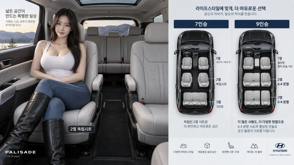 2027 팰리세이드 7인승 9인승 좌석 배치 가족용 비교