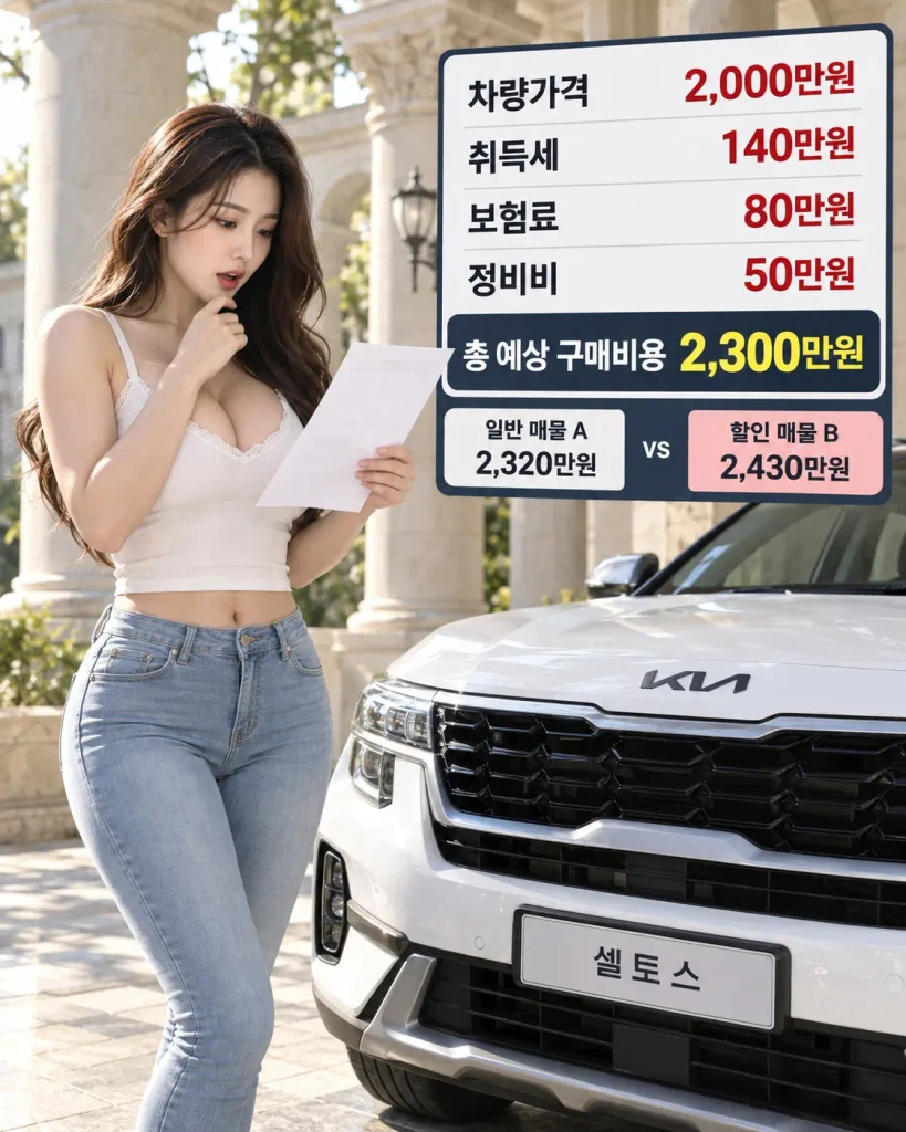 SUV 중고차 2000만원 구매 시 취득세 보험료 정비비 포함 총비용 2300만원 및 할인 매물 비교 가상 사례