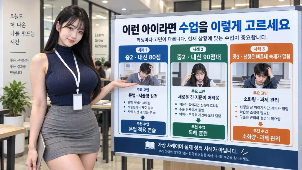 중학생 영어 내신 80점 90점 학습 문제별 문법 독해 학원 선택 사례