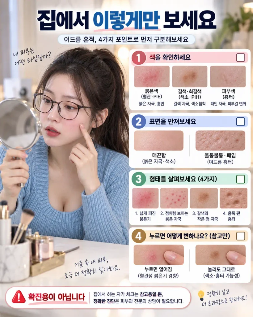 여드름 붉은 자국 색소침착 집에서 구분하는 방법 체크리스트
